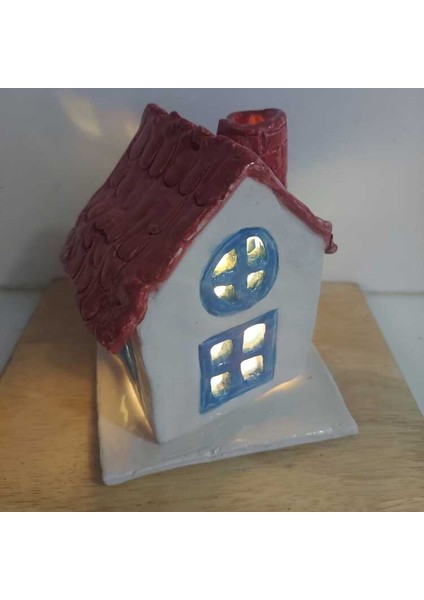 Seramik Altlıklı Mumluk El Yapım 12X11CM Kırmızı Mavi Beyaz Obje 1 Adet