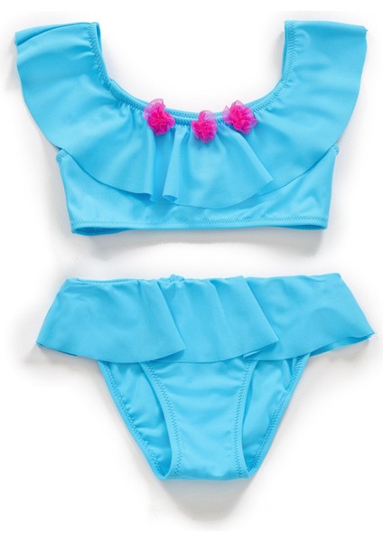 Kız Çocuk Volanlı Aksesuarlı Mavi Bikini Takımı