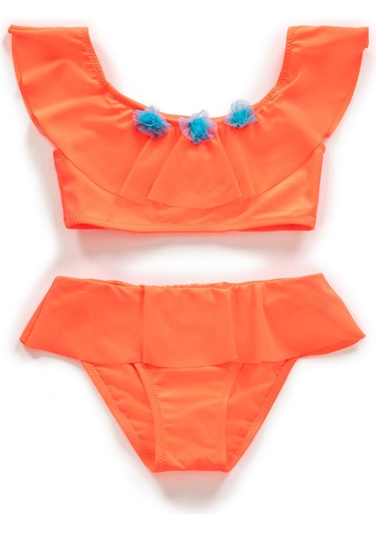 Kız Çocuk Volanlı Aksesuarlı Turuncu Bikini Takımı
