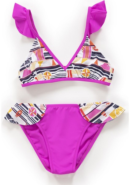 Kız Çocuk Desenli Volanlı Pembe Bikini Takımı