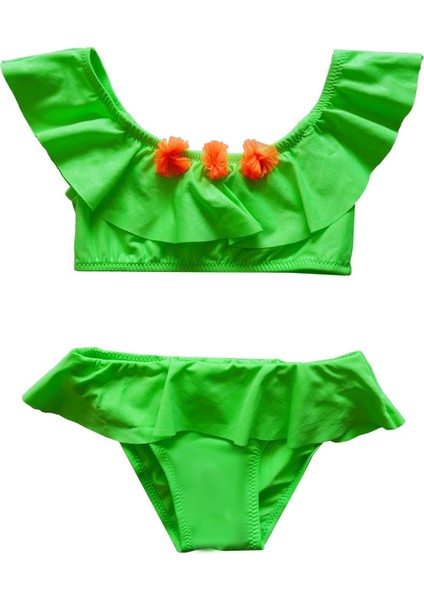 Kız Çocuk Volanlı Aksesuarlı Yeşil Bikini Takımı