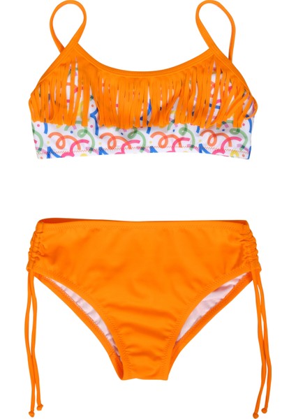Kız Çocuk Püskül Detaylı Turuncu Bikini Takımı