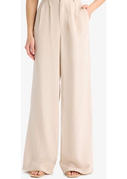 Yeni Sezon Wide Leg Keten Karışımlı Pantolon Normal Bel Geniş Paça Cepli Fermuarlı Standart Boy