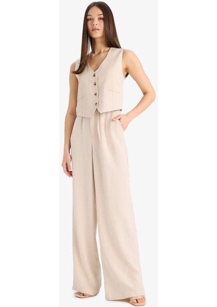 Yeni Sezon Wide Leg Keten Karışımlı Pantolon Normal Bel Geniş Paça Cepli Fermuarlı Standart Boy fiyatları