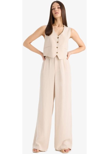 Yeni Sezon Wide Leg Keten Karışımlı Pantolon Normal Bel Geniş Paça Cepli Fermuarlı Standart Boy modelleri