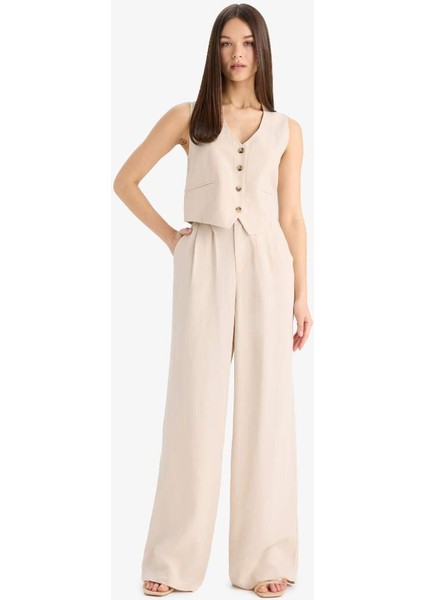 Yeni Sezon Wide Leg Keten Karışımlı Pantolon Normal Bel Geniş Paça Cepli Fermuarlı Standart Boy fırsatları