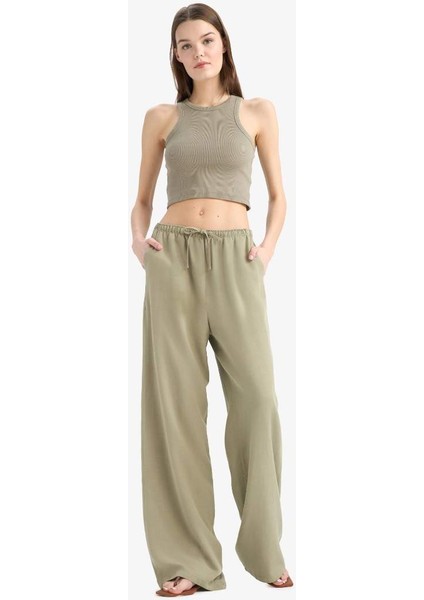 Yeni Sezon Keten Karışımlı Palazzo Pantolon Wide Leg Geniş Bol Paça Üç Cepli Normal Bel Basic Düz Standart Boy fırsatları