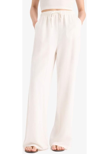Yeni Sezon Wide Leg Cepli Yüksek Bel Standart Boy Keten Karışımlı Pantolon