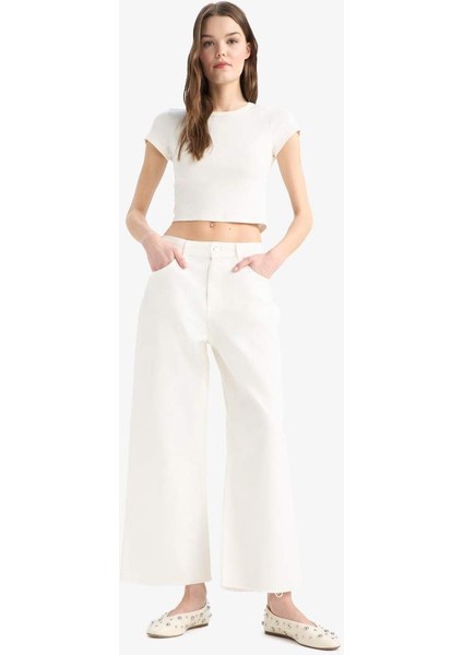 Yeni Sezon Culotte Gabardin Kumaş Pantolon Yüksek Bel Basic Düz Cepli Geniş Bol Paça fırsatları