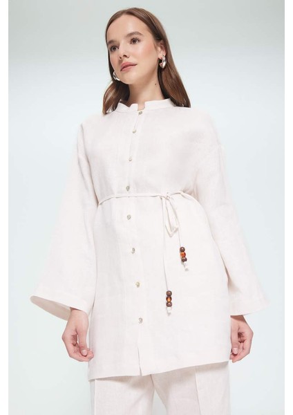 %100 Keten Regular Fit Bağcıklı Uzun Kollu Gömlek Tunik D4394AX25SM