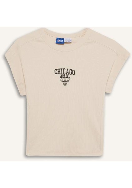 Yeni Sezon Defactofit Nba Chicago Bulls Standart Fit Bisiklet Yaka Nakış Baskı Fitilli Kaşkorse Kısa Kollu Tişört