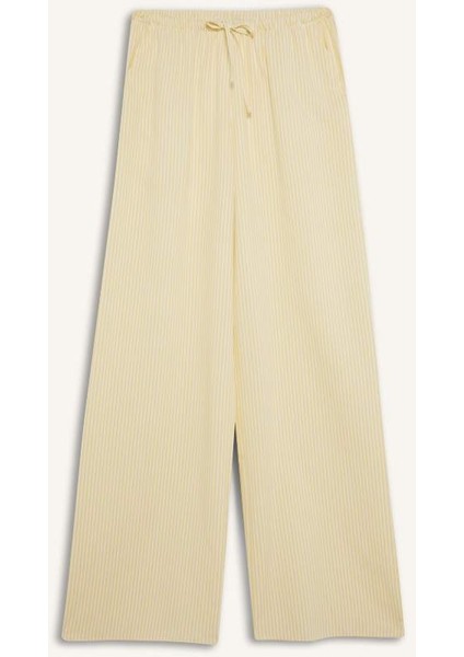 Yeni Sezon Coool Wide Leg Çizgili Normal Bel Keten Karışımlı Pantolon