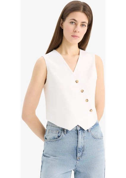 Yeni Sezon Regular Fit V Yaka Çapraz Düğme Kapamalı Tensel Blazer Yelek