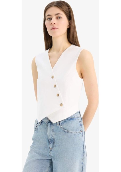 Yeni Sezon Regular Fit V Yaka Çapraz Düğme Kapamalı Tensel Blazer Yelek modelleri