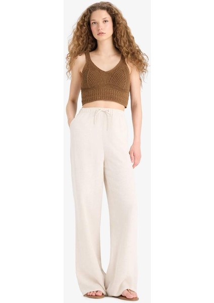 Yeni Sezon Wide Leg Cepli Yüksek Bel Standart Boy Keten Karışımlı Pantolon