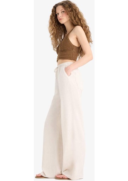 Yeni Sezon Wide Leg Cepli Yüksek Bel Standart Boy Keten Karışımlı Pantolon