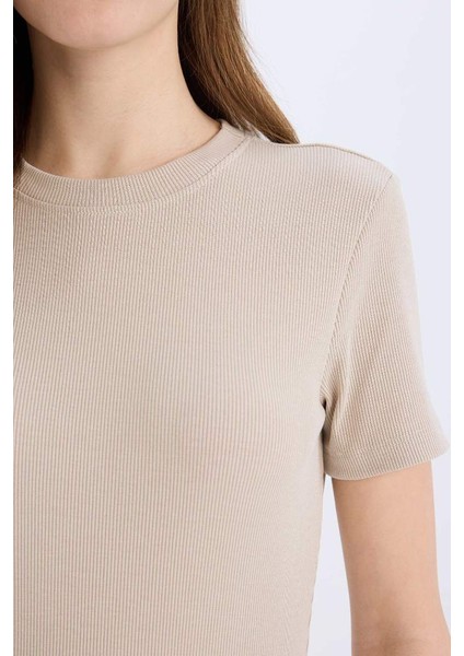 Yeni Sezon Coool Bodycon Vücudu Saran Bisiklet Yaka Fitilli Kaşkorse Kısa Kollu Mini Elbise