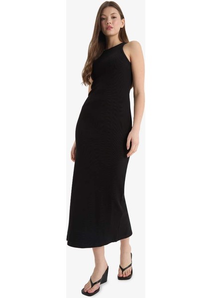 Yeni Sezon Bodycon Vücudu Saran Halter Yaka Fitilli Kaşkorse Kolsuz Maxi Siyah Elbise modelleri