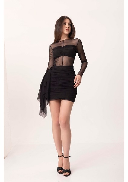 Siyah Uzun Kollu Drapeli Tül Elbise modelleri