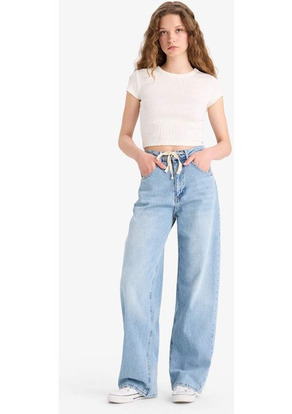 Yeni Sezon Wide Leg Bağcıklı Bel Uzun Jean Yıkamalı Pantolon fiyatları