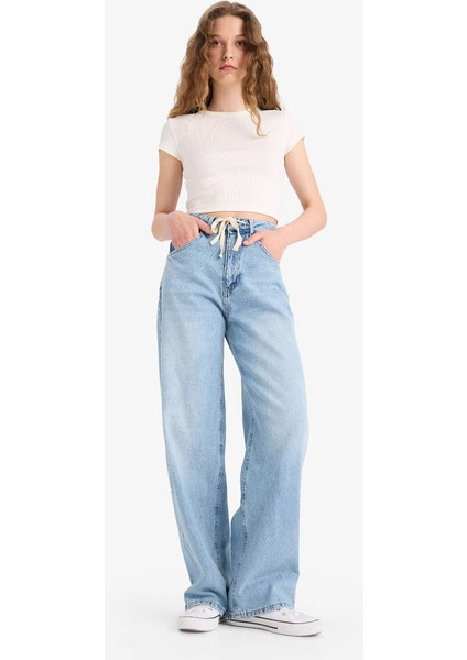 Yeni Sezon Wide Leg Bağcıklı Bel Uzun Jean Yıkamalı Pantolon modelleri