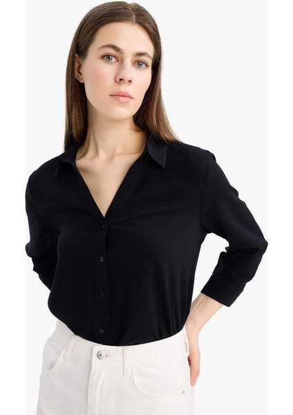Yeni Sezon Regular Fit Basic Düz Uzun Kollu Siyah Gömlek
