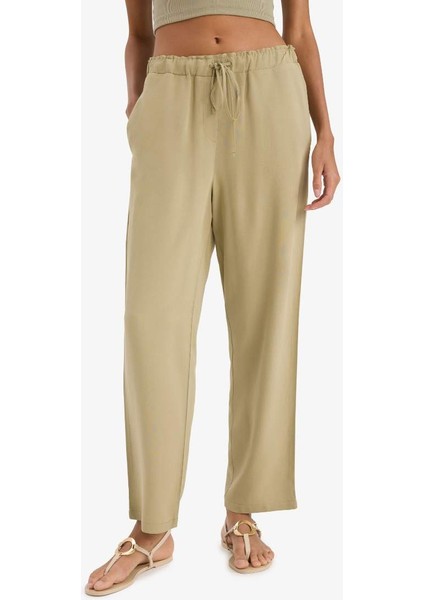 Yeni Sezon Jogger Keten Karışımlı Pantolon Cepli Yüksek Bel Bağcıklı