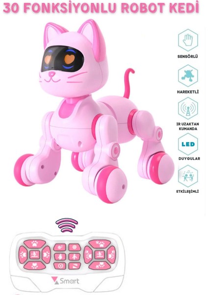 Oyuncak 30 Fonksiyonlu Uzaktan Kumandalı Şarjlı Sesli Işıklı Dokunma Algılama&programlama Robot Kedi