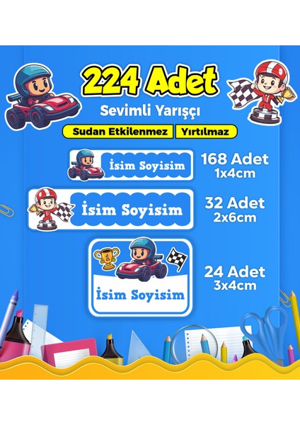 Yarış Arabası Temalı Okul Kreş Kişiye Özel Isim Etiket Seti - Model 294