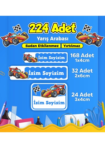 Yarış Arabası Temalı Okul Kreş Kişiye Özel Isim Etiket Seti - Model 295