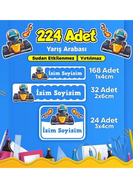 Yarış Arabası Temalı Okul Kreş Kişiye Özel Isim Etiket Seti - Model 296