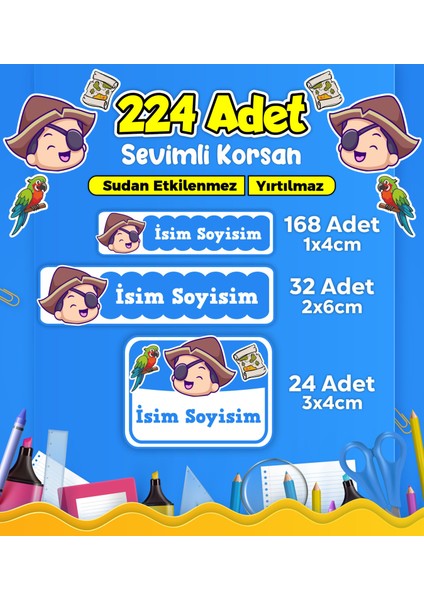 Sevimli Korsan Temalı Okul Kreş Kişiye Özel Isim Etiket Seti - Model 299