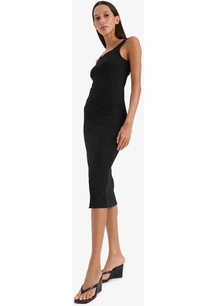 Yeni Sezon Bodycon Vücudu Saran Kare Yaka Basic Düz Fitilli Kaşkorse Askılı Midi Siyah Elbise