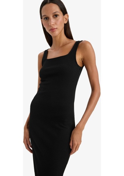 Yeni Sezon Bodycon Vücudu Saran Kare Yaka Basic Düz Fitilli Kaşkorse Askılı Midi Siyah Elbise