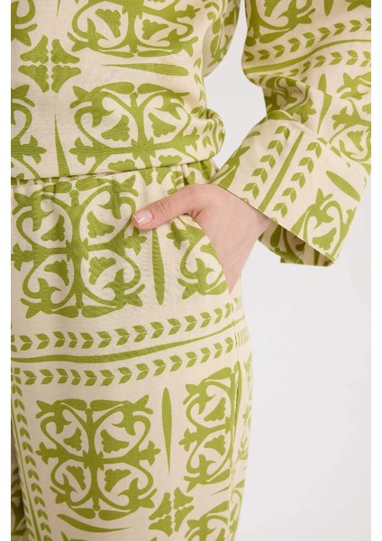 Yeni Sezon Wide Leg Desenli Esnek Belli Keten Karışımlı Geniş Paça Pantolon indirimleri