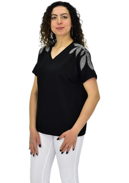 Kadın Yarım Kol V Yaka Taşlı Likralı Tişöt BGL-ST04654 fiyatları