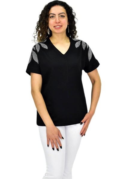 Kadın Yarım Kol V Yaka Taşlı Likralı Tişöt BGL-ST04654 modelleri