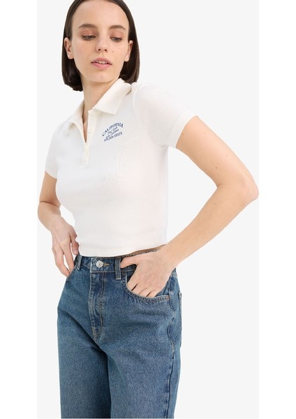 Yeni Sezon Coool Fitted Baskılı Ribana Kısa Kollu Polo Beyaz Tişört