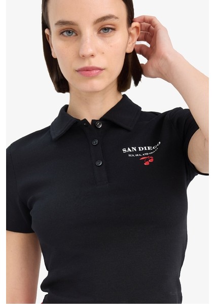 Yeni Sezon Coool Fitted Polo Yaka Baskılı Ribana Kısa Kollu Siyah Tişört