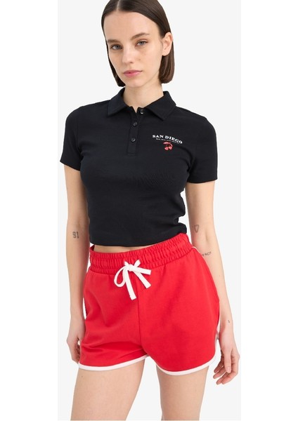 Yeni Sezon Coool Fitted Polo Yaka Baskılı Ribana Kısa Kollu Siyah Tişört modelleri