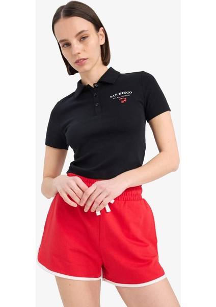 Yeni Sezon Coool Fitted Polo Yaka Baskılı Ribana Kısa Kollu Siyah Tişört fırsatları