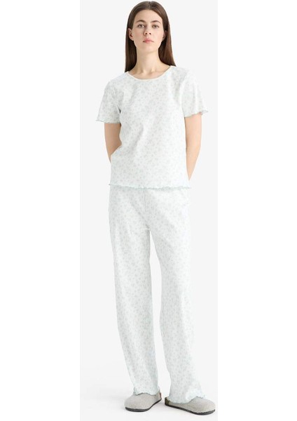Yeni Sezon Pijama Takımı Ribana Kısa Kollu Pijama Üstü Esnek Belli Uzun Pijama Altı-Fall In Love