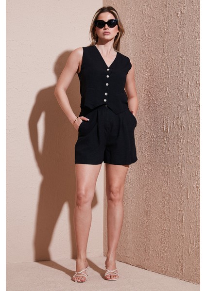 Pamuk ve Keten Karışımlı Slim Fit Yelek Şort Takım Bayan Takım 5866118