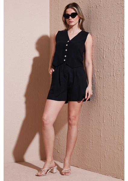 Pamuk ve Keten Karışımlı Slim Fit Yelek Şort Takım Bayan Takım 5866118