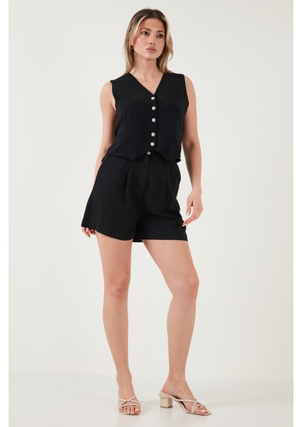 Pamuk ve Keten Karışımlı Slim Fit Yelek Şort Takım Bayan Takım 5866118