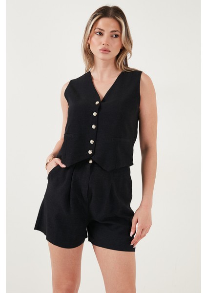 Pamuk ve Keten Karışımlı Slim Fit Yelek Şort Takım Bayan Takım 5866118