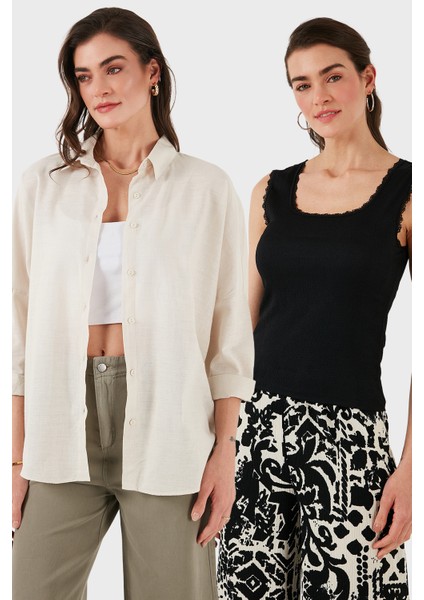 Streç Pamuklu Oversize Fit 2' Li Paket Gömlek-Atlet Set Bayan Gömlek-Atlet Set 67810014979S2