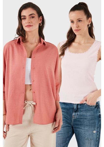 Streç Pamuklu Oversize Fit 2' Li Paket Gömlek-Atlet Set Bayan Gömlek-Atlet Set 67810014979S2