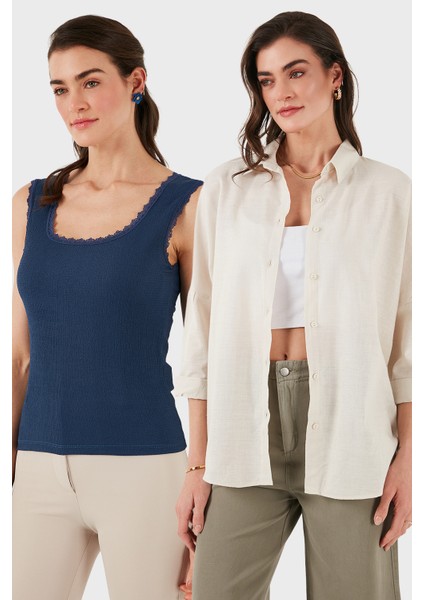 Streç Pamuklu Oversize Fit 2' Li Paket Gömlek-Atlet Set Bayan Gömlek-Atlet Set 67810014979S2