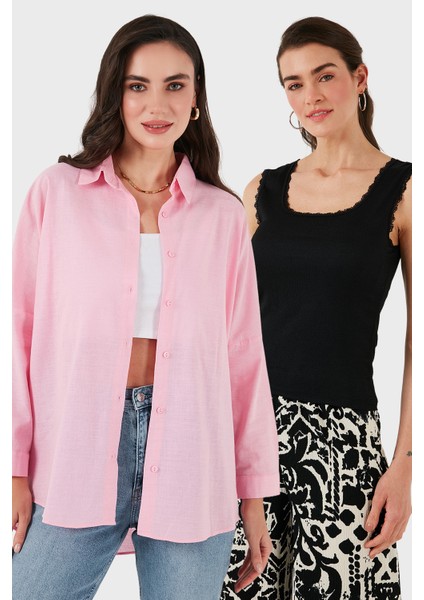 Streç Pamuklu Oversize Fit 2' Li Paket Gömlek-Atlet Set Bayan Gömlek-Atlet Set 67810014979S2